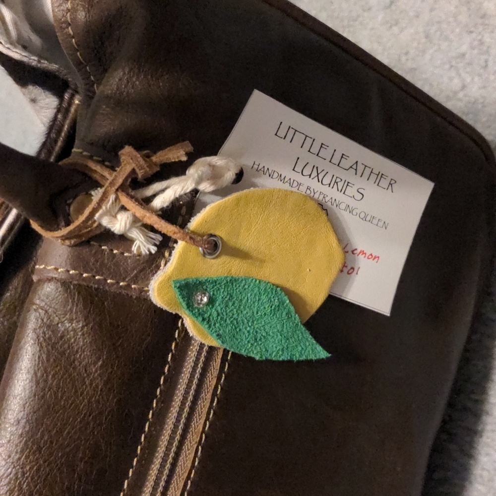 Handmade Genuine Leather Lemon Yellow Bag Charm Green Leaf Crystal Rivet#01
